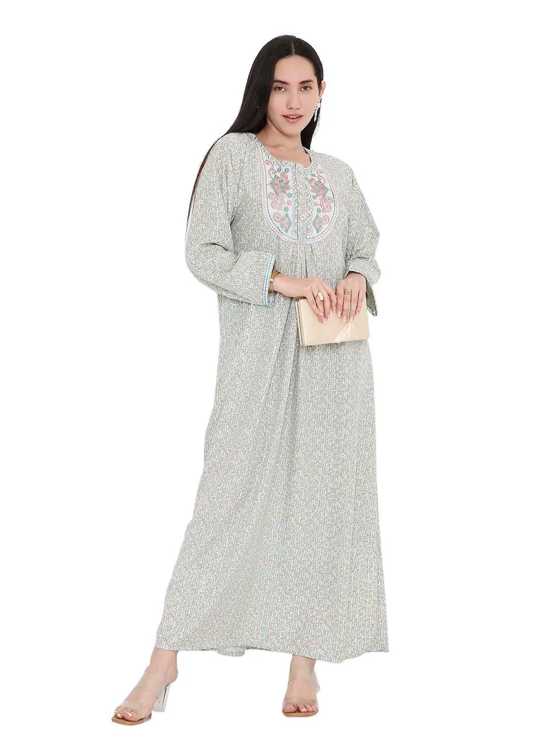 HANA & SARA ELEGANT FARASHA WITH UNIQUE THREAD EMBROIDERY AND STYLISH PRINTED MODEST ARABIC KAFTAN JALABIYA DRESS